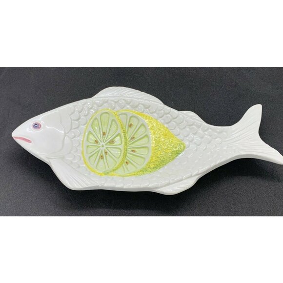 Bassano Fish Plate With Lemon Design Spoon Rest Vintage Italy - Picture 1 of 10